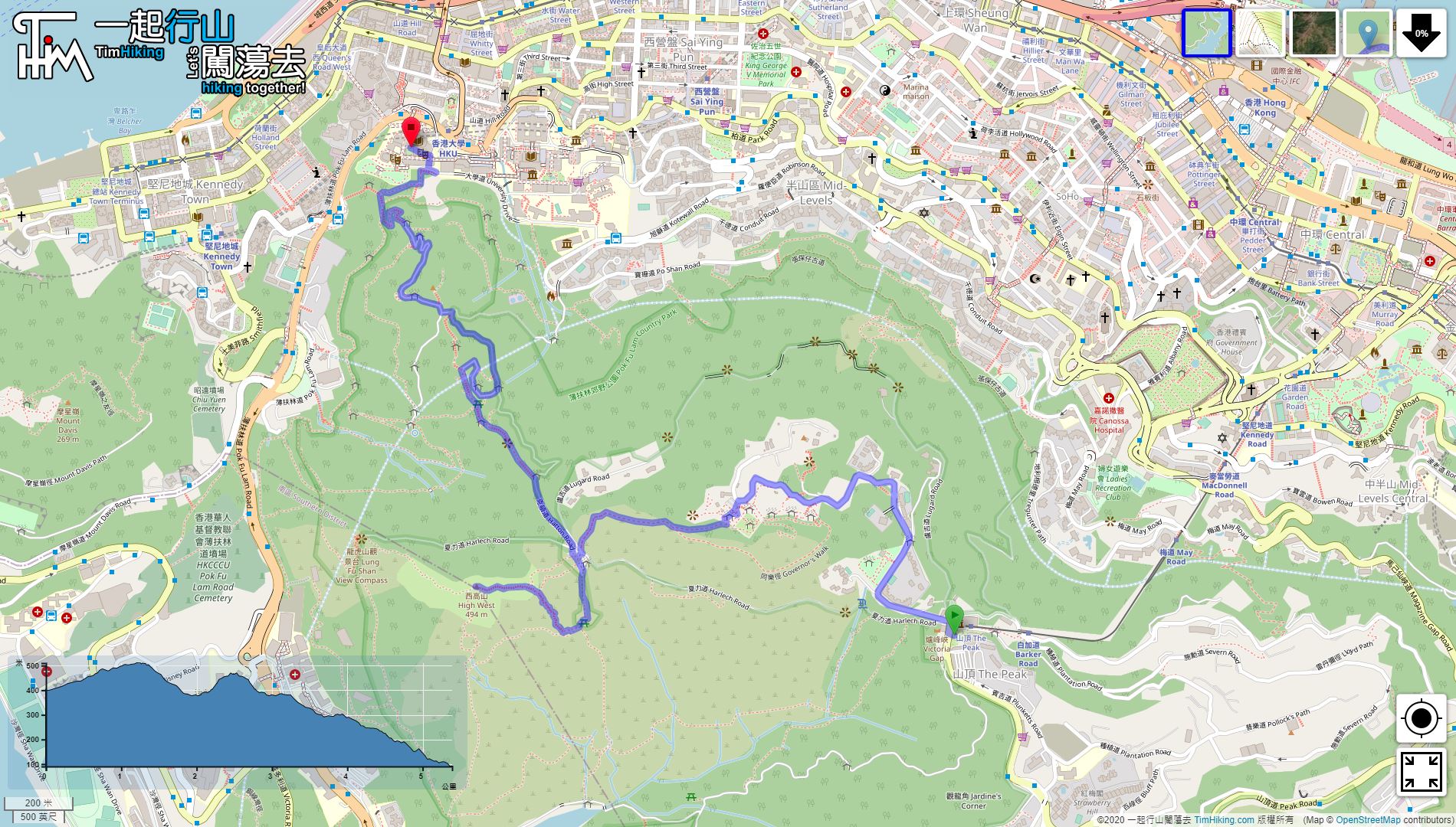 「山頂 西高山」路線地圖