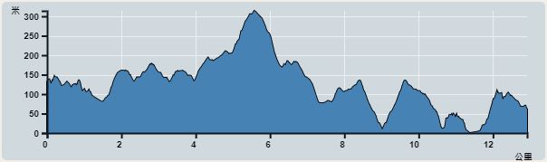 攀升︰596米　　下降︰657米　　最高︰310米　　最低︰0米<br><p class='smallfont'>海拔高度值只供參考 誤差約是30米內