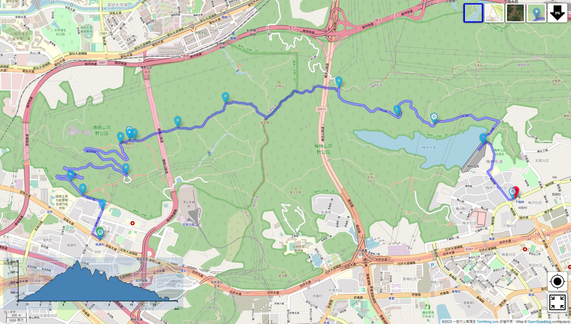 「深圳塘朗山 梅林水庫」路線地圖