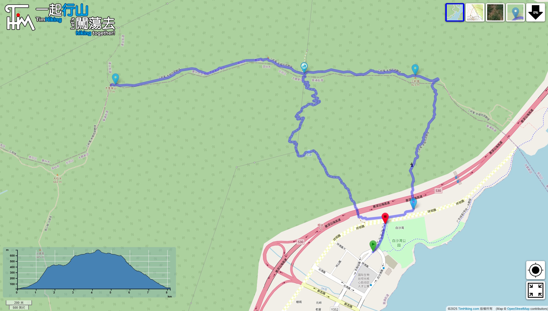 「深圳十峰 大筆架山」路線地圖